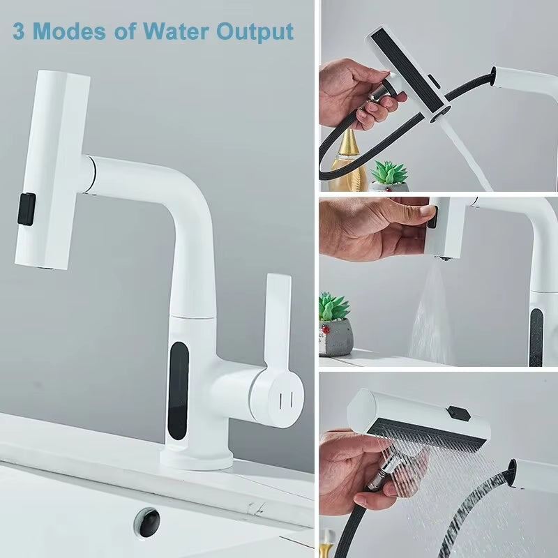 Temperature Digital Display Basin Faucet for Bathroom Pull Out Waterfall Stream 3 Way Sprayer Hot Cold Water Sink Mixer Wash Tap