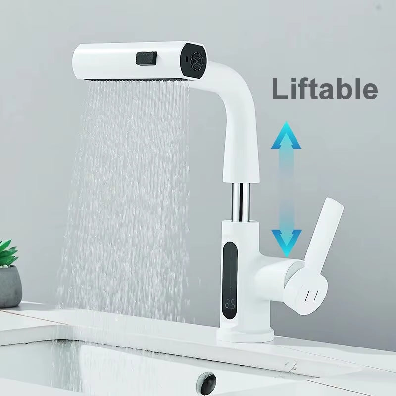 Temperature Digital Display Basin Faucet for Bathroom Pull Out Waterfall Stream 3 Way Sprayer Hot Cold Water Sink Mixer Wash Tap