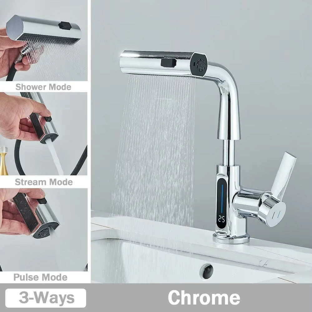 Temperature Digital Display Basin Faucet for Bathroom Pull Out Waterfall Stream 3 Way Sprayer Hot Cold Water Sink Mixer Wash Tap