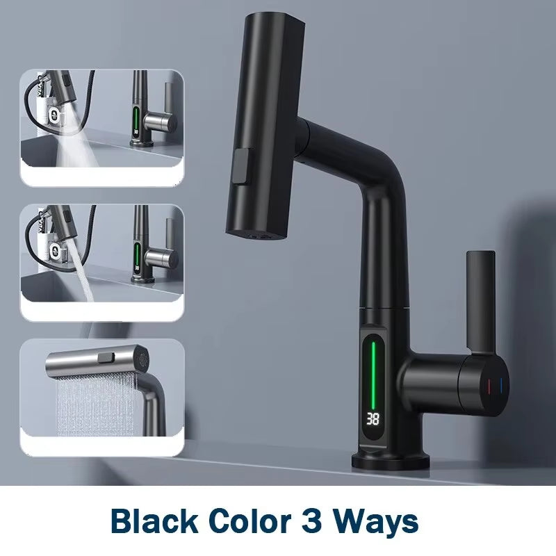 Temperature Digital Display Basin Faucet for Bathroom Pull Out Waterfall Stream 3 Way Sprayer Hot Cold Water Sink Mixer Wash Tap