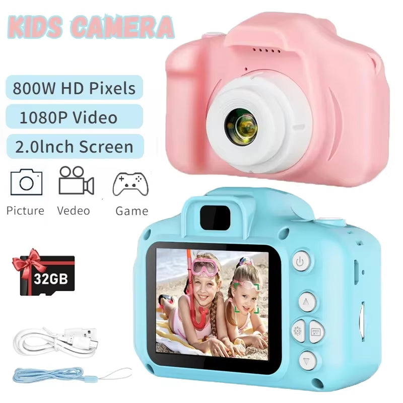 X2 Children Camera 32G Mini Digital Vintage Cam Educational Toys Kids HD Video Camera Outdoor Cartoon Photography Toy Xmas Gifts